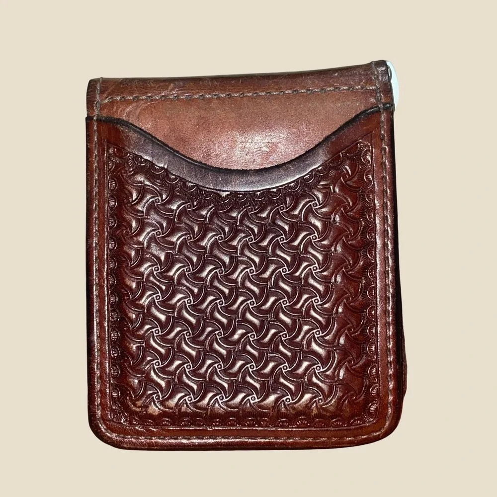 Texas Saddlery Mens Brown Tooled Leather Money Clip Wallet Basketweave Bifold